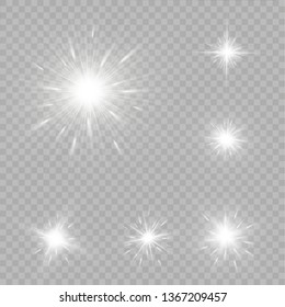 White glowing light explodes on a transparent background. Sparkling magical dust particles. Bright Star. Transparent shining sun, bright flash. Vector sparkles.