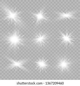 White glowing light explodes on a transparent background. Sparkling magical dust particles. Bright Star. Transparent shining sun, bright flash. Vector sparkles.