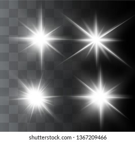 White glowing light explodes on a transparent background. Sparkling magical dust particles. Bright Star. Transparent shining sun, bright flash. Vector sparkles.