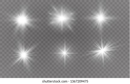 White glowing light explodes on a transparent background. Sparkling magical dust particles. Bright Star. Transparent shining sun, bright flash. Vector sparkles.