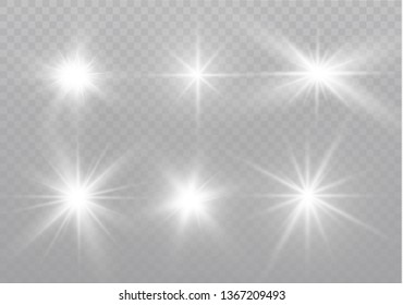 White glowing light explodes on a transparent background. Sparkling magical dust particles. Bright Star. Transparent shining sun, bright flash. Vector sparkles.