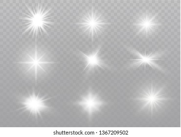 White glowing light explodes on a transparent background. Sparkling magical dust particles. Bright Star. Transparent shining sun, bright flash. Vector sparkles.