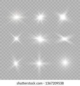 White glowing light explodes on a transparent background. Sparkling magical dust particles. Bright Star. Transparent shining sun, bright flash. Vector sparkles.