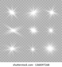 White glowing light explodes on a transparent background. Sparkling magical dust particles. Bright Star. Transparent shining sun, bright flash. Vector sparkles.