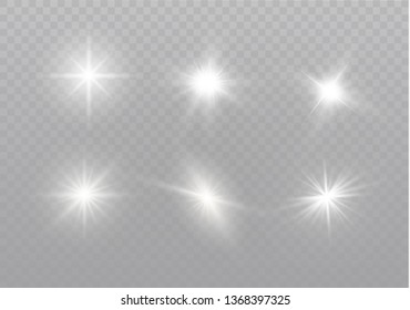 White glowing light explodes on a transparent background. Sparkling magical dust particles. Bright Star. Transparent shining sun, bright flash. Vector sparkles.