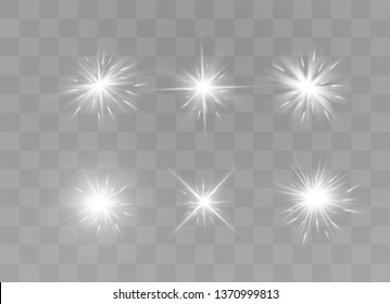 White glowing light explodes on a transparent background. Sparkling magical dust particles. Bright Star. Transparent shining sun, bright flash. Vector sparkles.