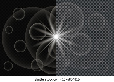 White glowing light explodes on a transparent background. Sparkling magical dust particles. Bright Star. Transparent shining sun, bright flash. Vector sparkles.