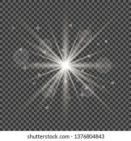 White glowing light explodes on a transparent background. Sparkling magical dust particles. Bright Star. Transparent shining sun, bright flash. Vector sparkles.
