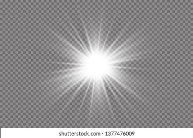 White glowing light explodes on a transparent background. with ray.  Transparent shining sun, bright flash.  Special lens flare light effect.