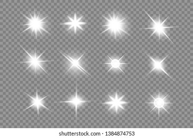 White glowing light explodes on a transparent background. Sparkling magical dust particles. Bright Star. Transparent shining sun, bright flash. Vector sparkles. To center a bright flash