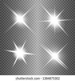 White glowing light explodes on a transparent background. Sparkling magical dust particles. Bright Star. Transparent shining sun, bright flash. Vector sparkles. To center a bright flash