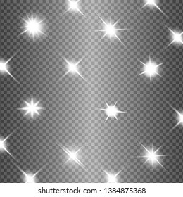 White glowing light explodes on a transparent background. Sparkling magical dust particles. Bright Star. Transparent shining sun, bright flash. Vector sparkles. To center a bright flash