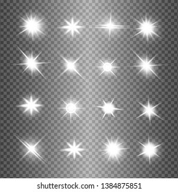 White glowing light explodes on a transparent background. Sparkling magical dust particles. Bright Star. Transparent shining sun, bright flash. Vector sparkles. To center a bright flash