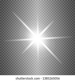 White glowing light explodes on a transparent background. Sparkling magical dust particles. Bright Star. Transparent shining sun, bright flash. Vector sparkles. To center a bright flash
