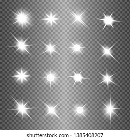 White glowing light explodes on a transparent background. Sparkling magical dust particles. Bright Star. Transparent shining sun, bright flash. Vector sparkles. To center a bright flash