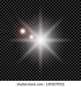 White glowing light explodes on a transparent background. Sparkling magical dust particles. Bright Star. Transparent shining sun, bright flash. Vector sparkles. To center a bright flash.
