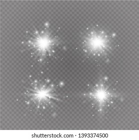 White glowing light explodes on a transparent background. Sparkling magical dust particles. Bright Star. Transparent shining sun, bright flash. Vector sparkles.