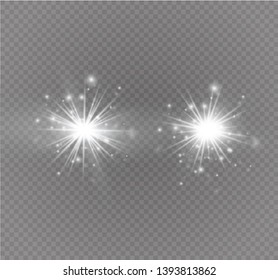 White glowing light explodes on a transparent background. Sparkling magical dust particles. Bright Star. Transparent shining sun, bright flash. Vector sparkles.