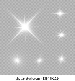 White glowing light explodes on a transparent background. Sparkling magical dust particles. Bright Star. Transparent shining sun, bright flash. Vector sparkles.