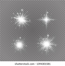 White glowing light explodes on a transparent background. Sparkling magical dust particles. Bright Star. Transparent shining sun, bright flash. Vector sparkles.