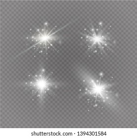 White glowing light explodes on a transparent background. Sparkling magical dust particles. Bright Star. Transparent shining sun, bright flash. Vector sparkles.