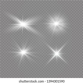 White glowing light explodes on a transparent background. Sparkling magical dust particles. Bright Star. Transparent shining sun, bright flash. Vector sparkles.