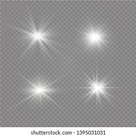 White glowing light explodes on a transparent background. Sparkling magical dust particles. Bright Star. Transparent shining sun, bright flash. Vector sparkles.