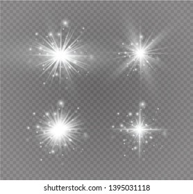 White glowing light explodes on a transparent background. Sparkling magical dust particles. Bright Star. Transparent shining sun, bright flash. Vector sparkles.