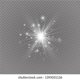 White glowing light explodes on a transparent background. Sparkling magical dust particles. Bright Star. Transparent shining sun, bright flash. Vector sparkles.