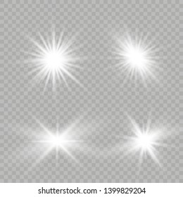 White glowing light explodes on a transparent background. Sparkling magical dust particles. Bright Star. Transparent shining sun, bright flash. Vector sparkles.