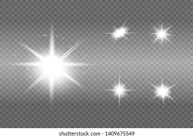 White glowing light explodes on a transparent background. Sparkling magical dust particles. Bright Star. Transparent shining sun, bright flash.