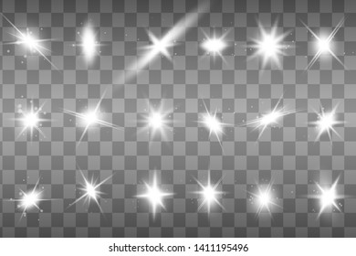 White glowing light explodes on a transparent background. Sparkling magical dust particles. Bright Star. Transparent shining sun, bright flash.