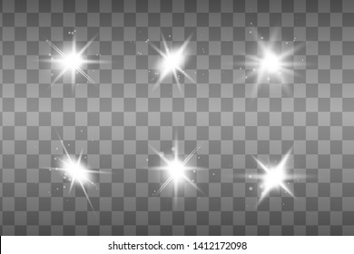 White glowing light explodes on a transparent background. Sparkling magical dust particles. Bright Star. Transparent shining sun, bright flash.