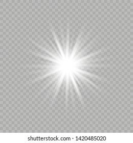White glowing light explodes on a transparent background. Sparkling magical dust particles. Bright Star. Transparent shining sun, bright flash. Vector sparkles. To center a bright flash.
