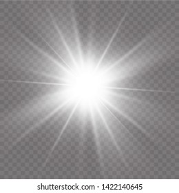 White glowing light explodes on a transparent background. with ray.  Transparent shining sun, bright flash.  Special lens flare light effect.
