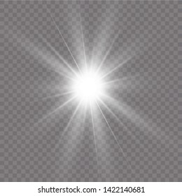 White glowing light explodes on a transparent background. with ray.  Transparent shining sun, bright flash.  Special lens flare light effect.
