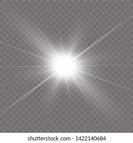 White glowing light explodes on a transparent background. with ray.  Transparent shining sun, bright flash.  Special lens flare light effect.
