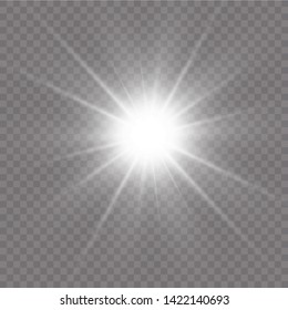 White glowing light explodes on a transparent background. with ray.  Transparent shining sun, bright flash.  Special lens flare light effect.
