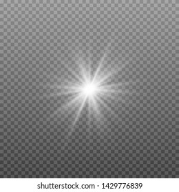 White glowing light explodes on a transparent background. Sparkling magical dust particles. Bright Star. Transparent shining sun, bright flash. Vector sparkles. To center a bright flash. Christmas