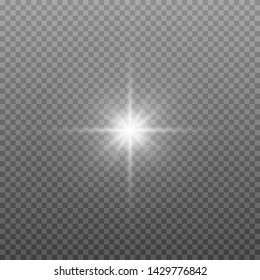 White glowing light explodes on a transparent background. Sparkling magical dust particles. Bright Star. Transparent shining sun, bright flash. Vector sparkles. To center a bright flash. Christmas