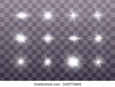 White glowing light explodes on a transparent background. Sparkling magical dust particles. Set of Bright Star. Transparent shining sun, bright flash Vector sparkles To center a bright flash Christmas