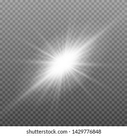 White glowing light explodes on a transparent background. Sparkling magical dust particles. Bright Star. Transparent shining sun, bright flash. Vector sparkles. To center a bright flash. Christmas