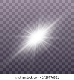 White glowing light explodes on a transparent background. Sparkling magical dust particles. Bright Star. Transparent shining sun, bright flash. Vector sparkles. To center a bright flash. Christmas