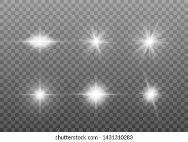 White glowing light explodes on a transparent background. Sparkling magical dust particles. Set of Bright Star. Transparent shining sun, bright flash Vector sparkles To center a bright flash Christmas