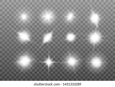 White glowing light explodes on a transparent background. Sparkling magical dust particles. Set of Bright Star. Transparent shining sun, bright flash Vector sparkles To center a bright flash Christmas