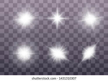 White glowing light explodes on a transparent background. Sparkling magical dust particles. Set of Bright Star. Transparent shining sun, bright flash Vector sparkles To center a bright flash Christmas