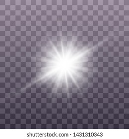 White glowing light explodes on a transparent background. Sparkling magical dust particles. Bright Star. Transparent shining sun, bright flash. Vector sparkles. To center a bright flash. Christmas