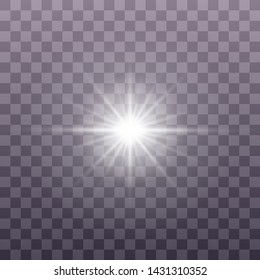 White glowing light explodes on a transparent background. Sparkling magical dust particles. Bright Star. Transparent shining sun, bright flash. Vector sparkles. To center a bright flash. Christmas
