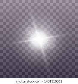 White glowing light explodes on a transparent background. Sparkling magical dust particles. Bright Star. Transparent shining sun, bright flash. Vector sparkles. To center a bright flash. Christmas