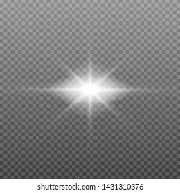 White glowing light explodes on a transparent background. Sparkling magical dust particles. Bright Star. Transparent shining sun, bright flash. Vector sparkles. To center a bright flash. Christmas